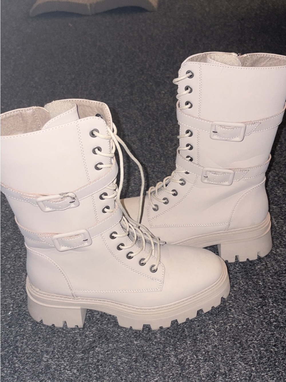 Fashion Nova Light Beige Lace-Up Combat Boots with Buckles
